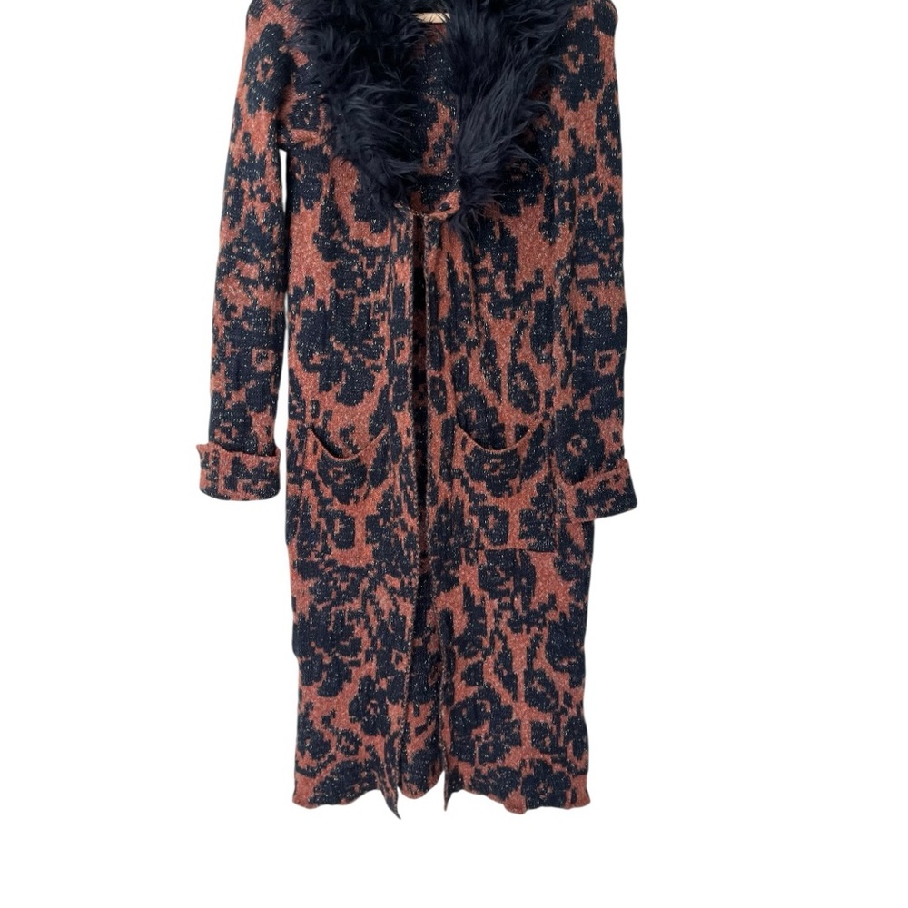 Anthropologie Black and Brown Fuzzy-Trim Long Cardigan Coat - Picture 7 of 9